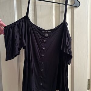 American Eagle Outfitters Black Button-Down Cold Shoulder Blouse